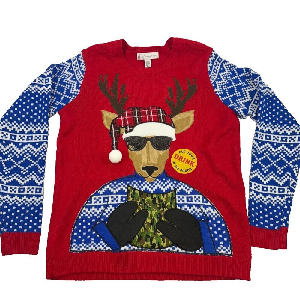 Jolly Sweaters Christmas Sweater‎ Deer Drink Pouch Camo Red Fair Isle Blue Large